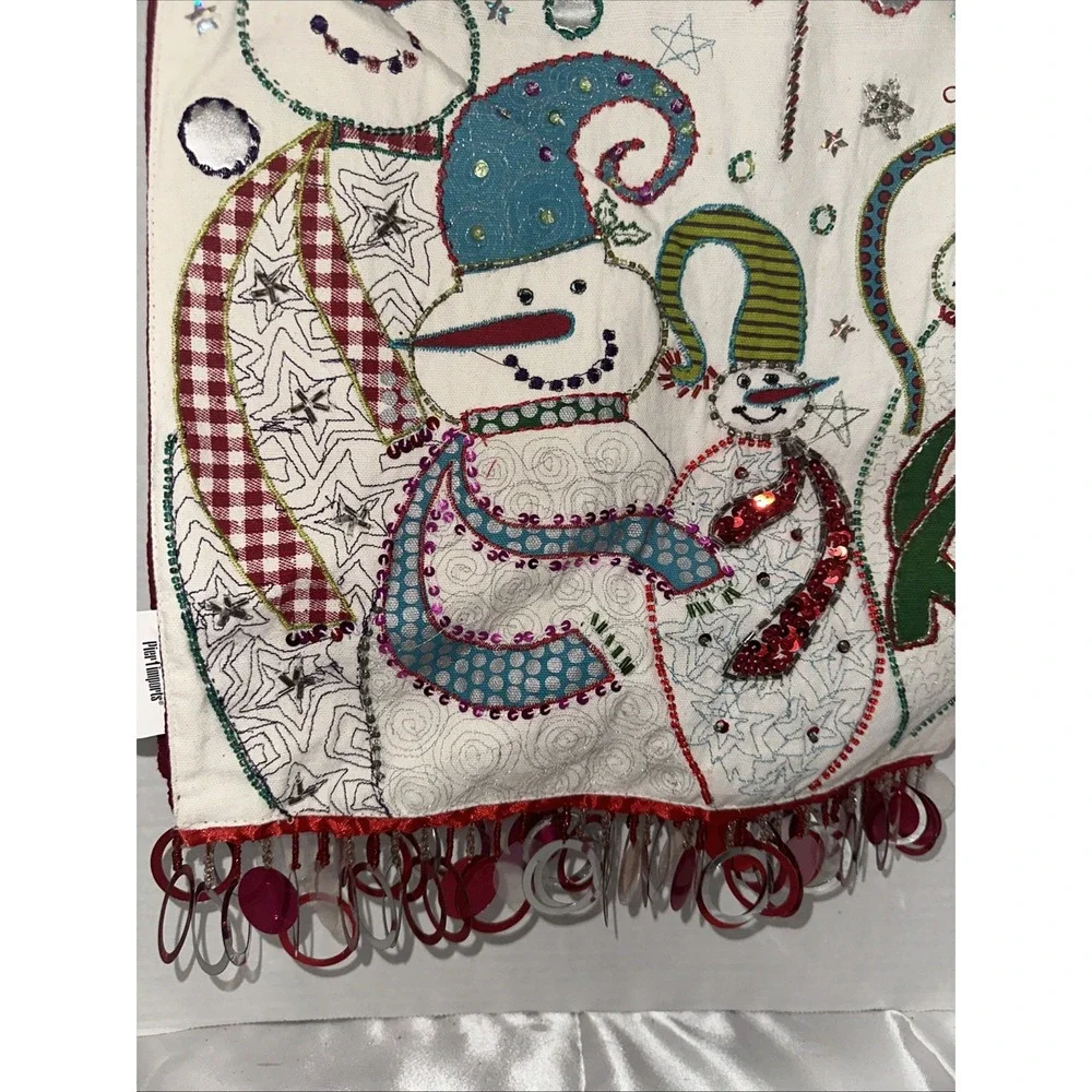 Pier 1 Imports Snowman Christmas Table Runner Embroidered Beaded Fringe 108x13
